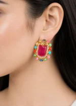 Multi Color Navratan Gold Plated Diamond, Traditional Earrings- EAR002832 - Image 4
