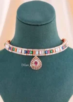 Multi Color Rose Gold Plated Diamond Necklace Set- NEC002914 - Image 2