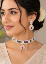 Multi Color Rose Gold Plated Diamond Necklace Set- NEC002914 - Image 4