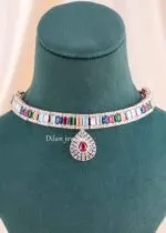 Multi Color Silver Plated Diamond Necklace Set- NEC002915 - Image 3