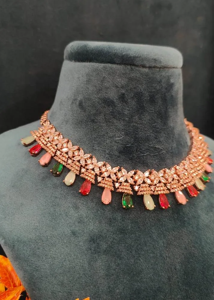 Multi-colored-Marquise-Diamond-Necklace-Set-Rose-Gold-NEC17022303a Multi-colored Marquise Diamond Necklace Set (Rose-Gold)- NEC17022303 - Image 1