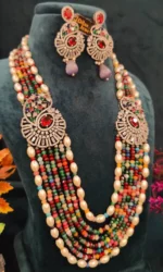 Multi-colored Paisley Necklace Set (White-Gold)- NEC02032306 - Image 3