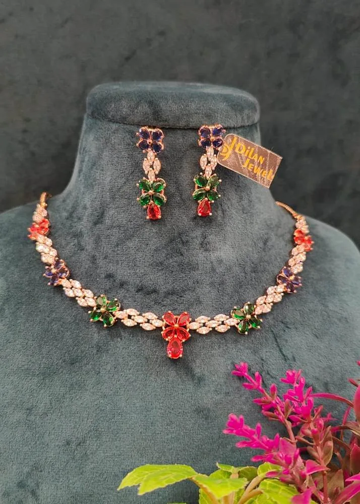 Multi-colored-Sleek-Diamond-Necklace-Set-Rose-Gold-NEC12012304a Multi-colored Sleek Diamond Necklace Set (Rose-Gold)- NEC12012304 - Image 1