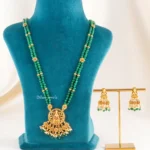 Divine Lakshmi Green Bead Temple Necklace Set (Yellow Gold) NEC002489