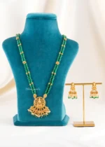 Divine Lakshmi Green Bead Temple Necklace Set (Yellow Gold) NEC002489
