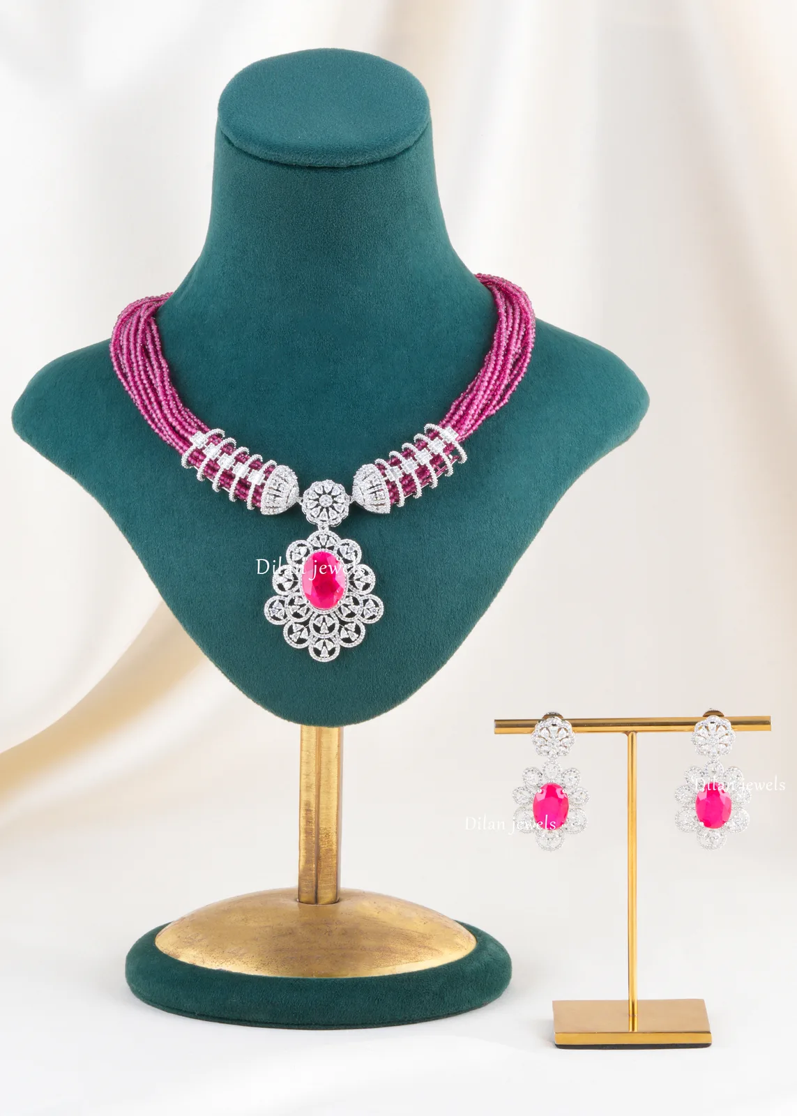 NEC002491 Ruby Majesty German Silver Bridal Set (Silver) NEC002491 - Image 1
