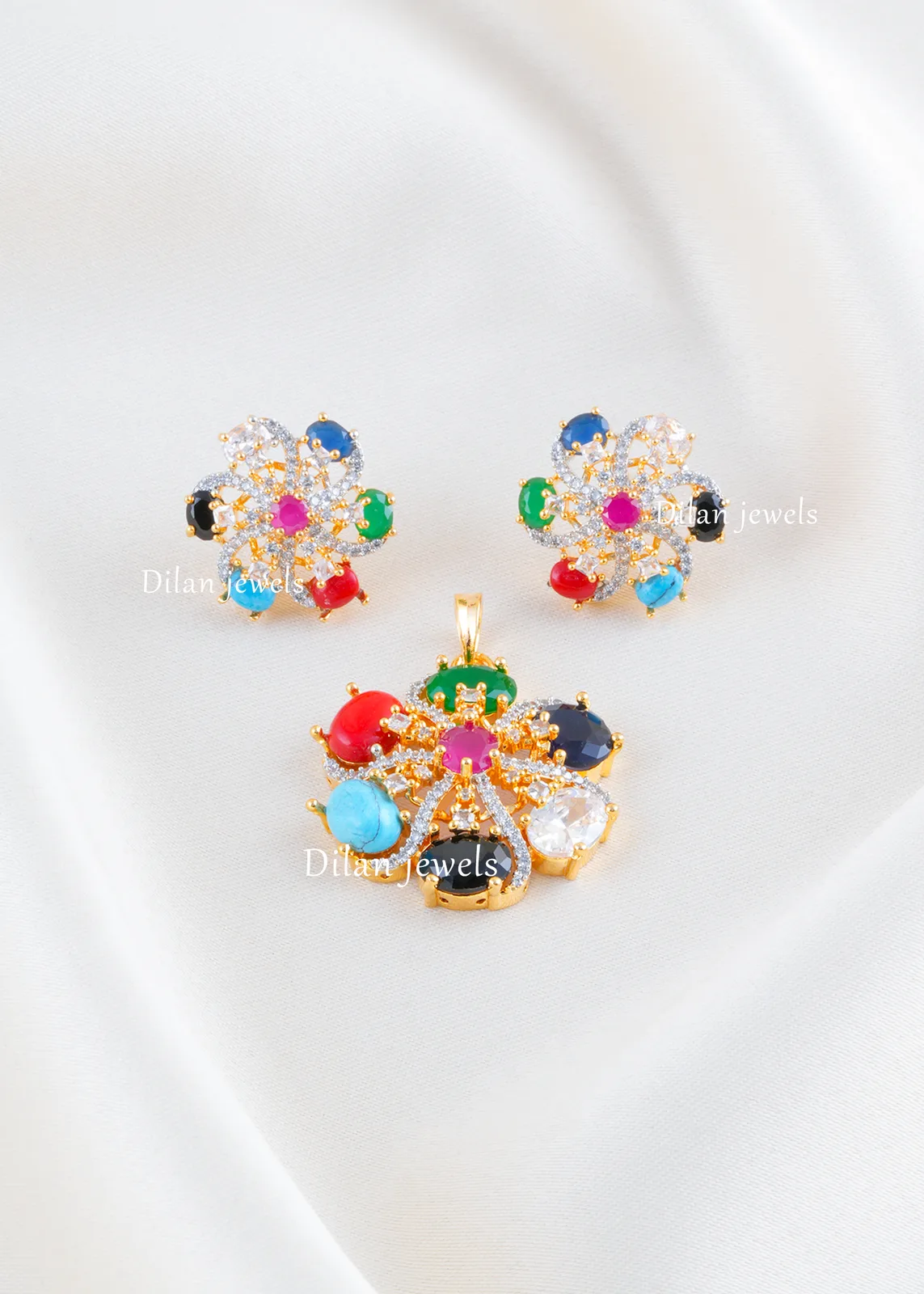 Navratna-Bloom-Pendant-Set-Yellow-Gold-PSET02591 Navratna Bloom Pendant Set (Yellow Gold) PSET02591 - Image 1