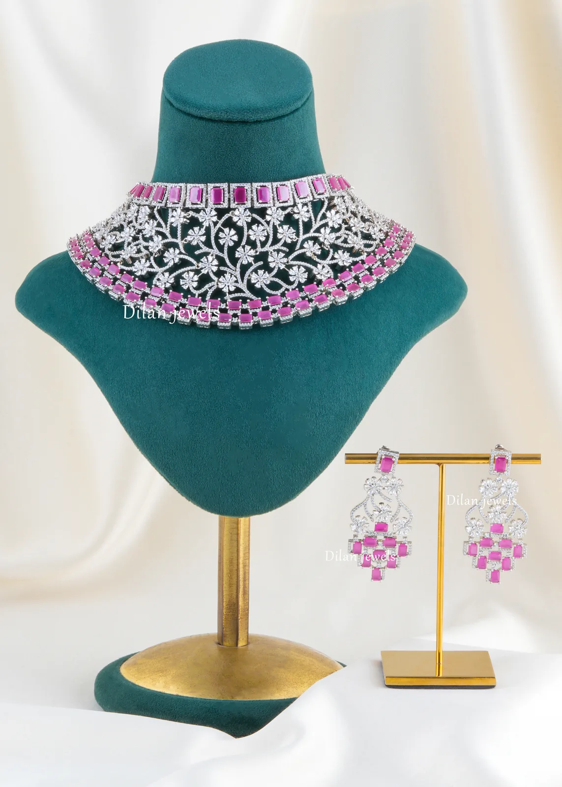 Noor-Luxe-Pink-Diamond-necklace-set-Silver-NEC002617 Noor Luxe Pink Diamond necklace set (Silver) NEC002617 - Image 1