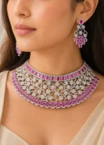 Noor Luxe Pink Diamond necklace set (Silver) NEC002617 - Image 4