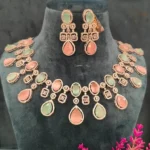 Pastel Pink & Green Drop Necklace Set (White-Gold)- NEC04032304