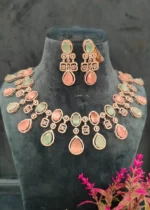 Pastel Pink & Green Drop Necklace Set (White-Gold)- NEC04032304