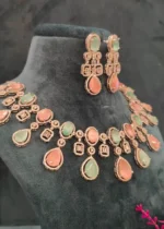 Pastel Pink & Green Drop Necklace Set (White-Gold)- NEC04032304 - Image 3