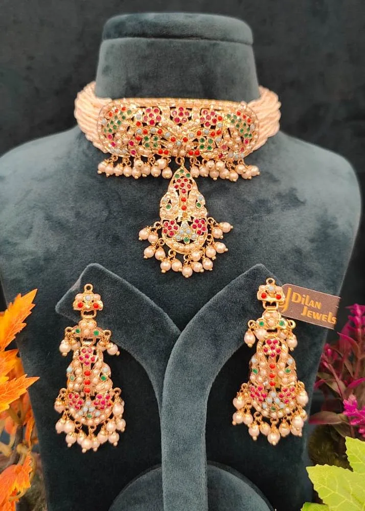 Pearl-Jadau-Neckace-Set-multi-colored-NEC12012307b Pearl- Jadau Neckace Set (multi-colored)- NEC12012307 - Image 1