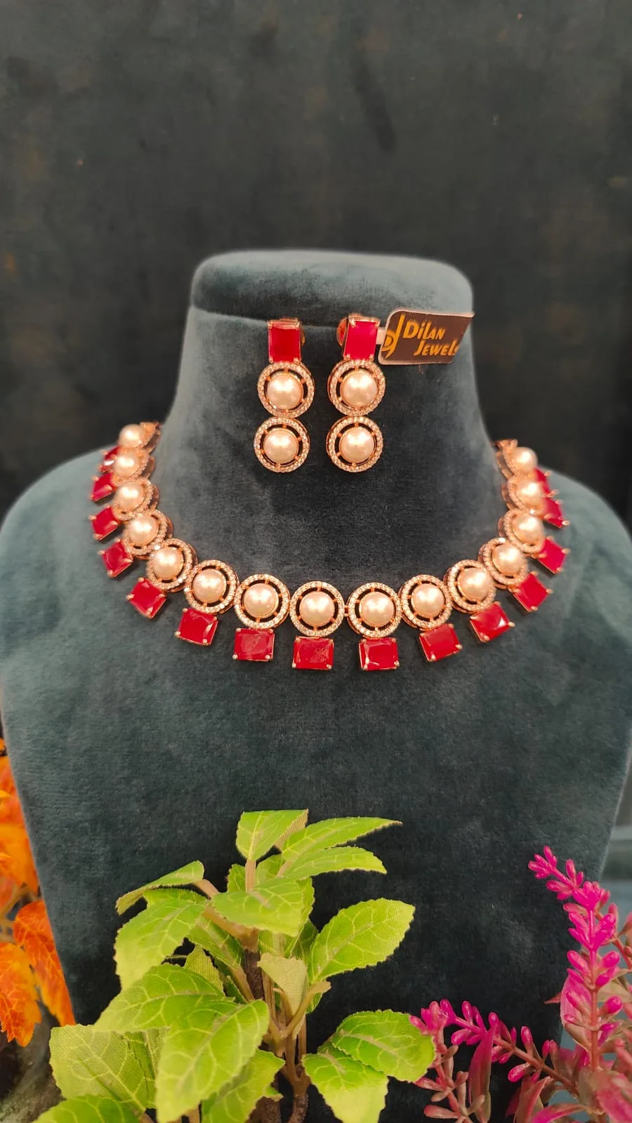 Pearl-Ruby-Necklace-Set-Rose-Gold-NEC15122211c Pearl Ruby Necklace Set (Rose-Gold)- NEC15122211 - Image 1