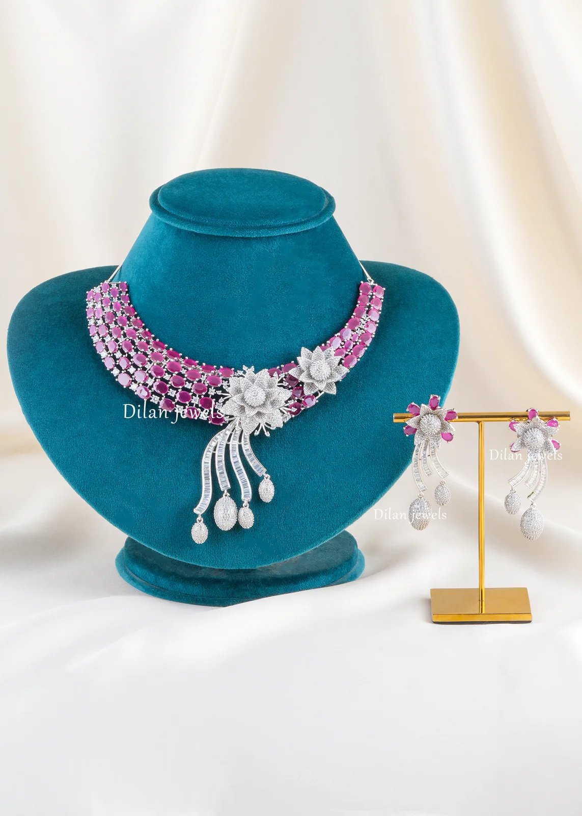 Pink-Aurora-Diamond-necklace-set-Silver-NEC002618 Pink Aurora Diamond necklace set (Silver) NEC002618 - Image 1
