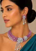 Pink Aurora Diamond necklace set (Silver) NEC002618 - Image 4
