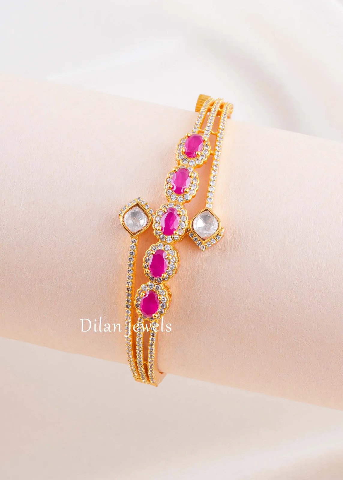 Pink-Gold-Plated-Kundan-Diamond-Bracelet-BRA002788 Pink Gold Plated Kundan, Diamond Bracelet- BRA002788 - Image 1