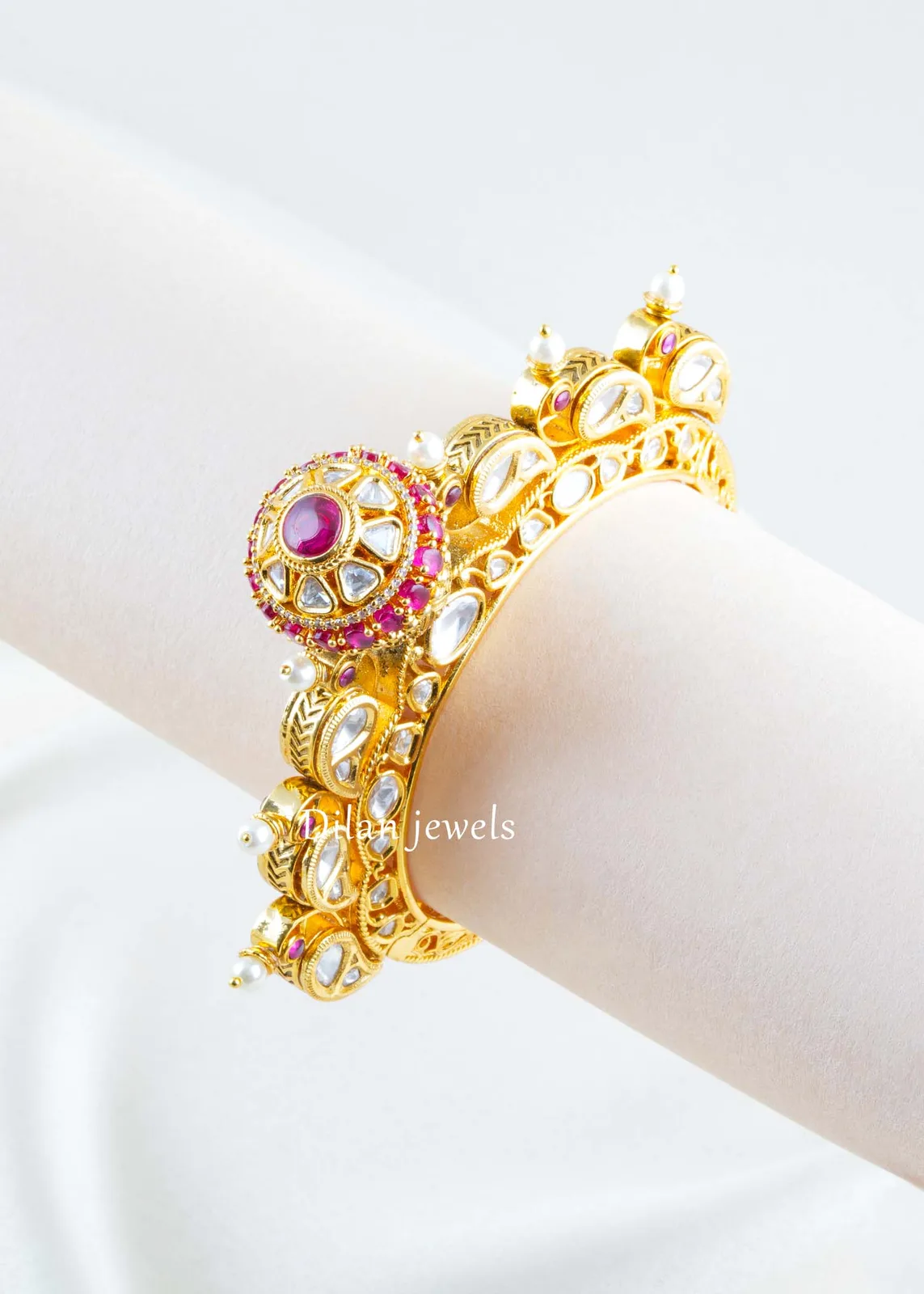 Pink-Gold-Plated-Kundan-Traditional-Bracelet-BRA002906 Pink Gold Plated Kundan, Traditional Bracelet- BRA002906 - Image 1