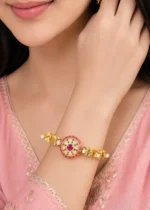 Pink Gold Plated Kundan, Traditional Bracelet- BRA002906 - Image 4