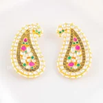 Pink Green Gold Plated Kundan Earrings- EAR002878
