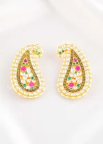 Pink Green Gold Plated Kundan Earrings- EAR002878