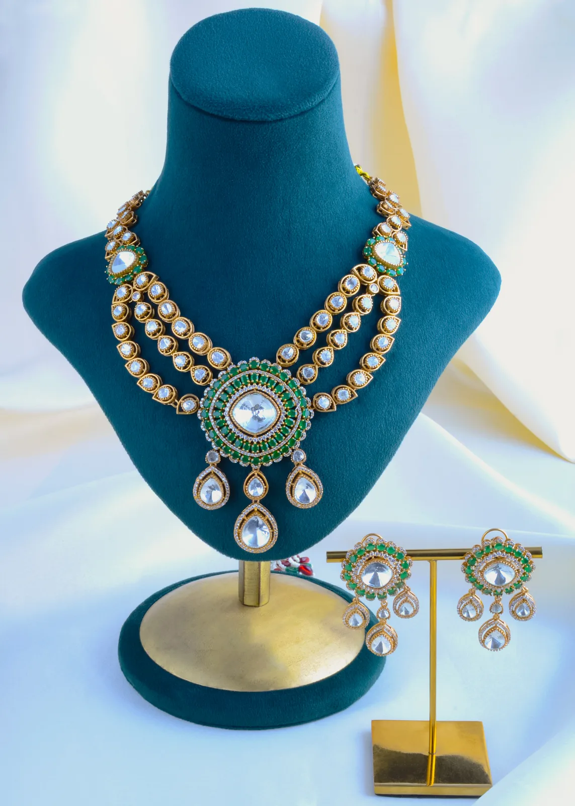 Polki-Layered-Green-Necklace-Set-Victorian-Gold-NEC000868a Polki Layered Green Necklace Set (Victorian Gold) NEC000868 - Image 1