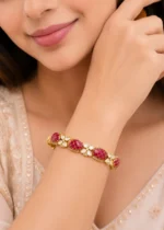 Red Antique Gold Plated Kundan Bracelet- BRA002863 - Image 4