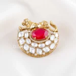Red Antique Gold Plated Kundan Brooch- BRO002775