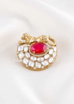 Red Antique Gold Plated Kundan Brooch- BRO002775