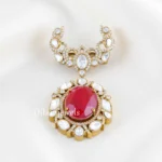 Red Antique Gold Plated Kundan Brooch- BRO002777