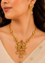 Red Antique Gold Plated Traditional Necklace Set- NEC002757 - Image 4