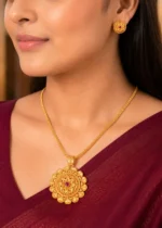 Red Antique Gold Plated Traditional Necklace Set- NEC002758 - Image 4