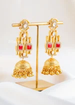Red Gold Plated Kundan Earrings- EAR002749 - Image 2
