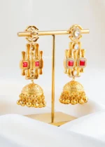 Red Gold Plated Kundan Earrings- EAR002749 - Image 3
