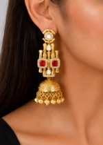 Red Gold Plated Kundan Earrings- EAR002749 - Image 4