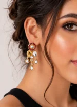 Red Gold Plated Kundan Earrings- EAR002872 - Image 4