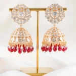 Red Gold Plated Kundan, Traditional Earrings- EAR002846
