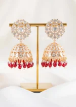 Red Gold Plated Kundan, Traditional Earrings- EAR002846