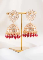 Red Gold Plated Kundan, Traditional Earrings- EAR002846 - Image 2