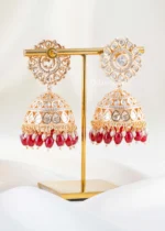 Red Gold Plated Kundan, Traditional Earrings- EAR002846 - Image 3
