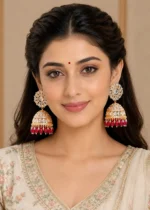 Red Gold Plated Kundan, Traditional Earrings- EAR002846 - Image 4