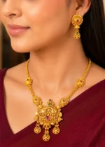 Red Green Antique Gold Plated Traditional Necklace Set- NEC002756 - Image 4