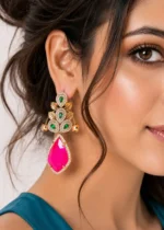 Red Green Gold Plated Diamond Earrings- EAR002871 - Image 4
