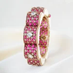 Red Kundan Scalloped Bracelate with Pearls (Yellow Gold) BRA002479