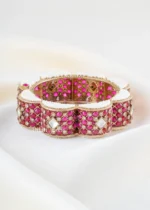 Red Kundan Scalloped Bracelate with Pearls (Yellow Gold) BRA002479 - Image 2