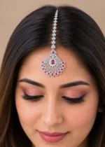 Red Silver Plated Diamond Maangtika- ACC002816 - Image 4