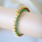 Reversible Polki R Pearl Pacheli Single Green Bangle (Victorian Gold) BRA001242