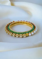 Reversible Polki R Pearl Pacheli Single Green Bangle (Victorian Gold) BRA001242 - Image 2