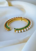 Reversible Polki R Pearl Pacheli Single Green Bangle (Victorian Gold) BRA001242 - Image 3