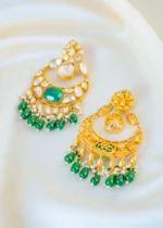 Royal Emerald Moissanite Polki Chandbali Earrings (Yellow Gold) EAR001550 - Image 3